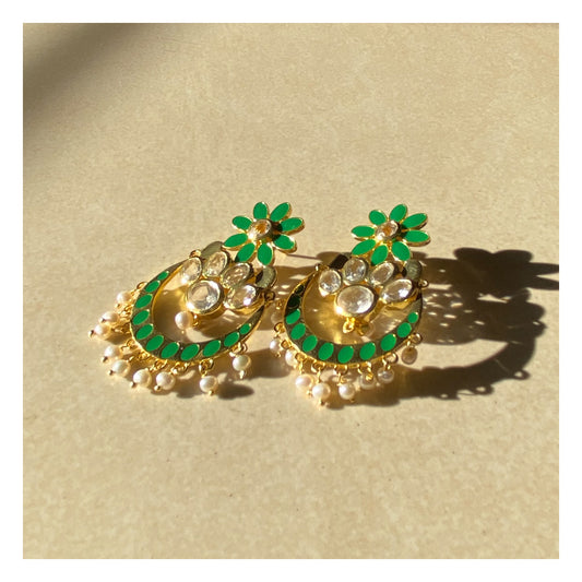 Swara - Green with CZ Stones Gold Earring